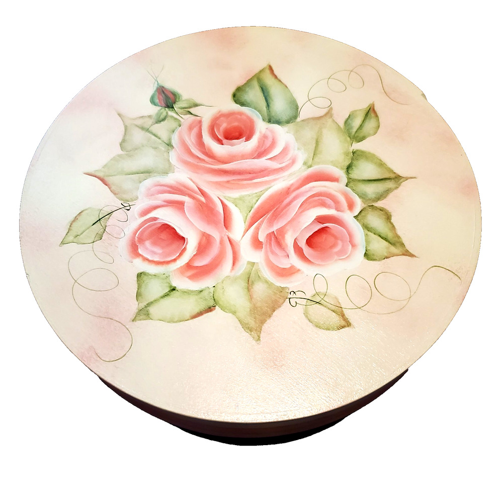 Vintage Turned Wood Lidded Trinket Box Hand Painted Flowers Signed Folk Art Rose